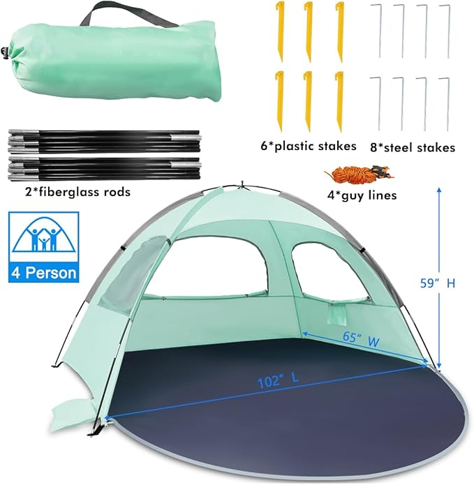 NXONE Beach Tent Sun Shade Shelter for 4 Person with UV Protection, Extended Floor, 3 Mesh Roll Up Windows & 8.5mm Fiberglass Rods丨Carry Bag Included (Mint Green)