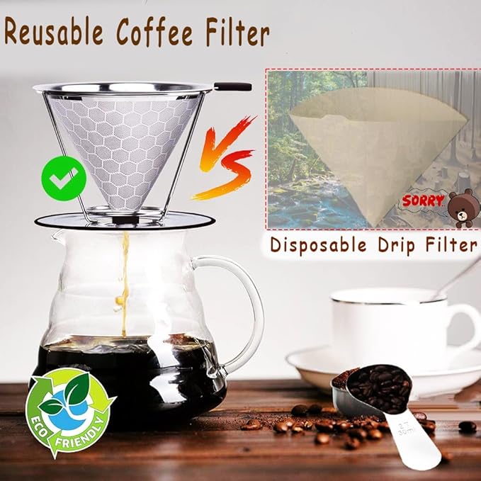 Pour Over Coffee Dripper 1-4 Cup 800 Mesh Inner Mesh Reusable Pour Over Filter Stainless Steel Coffee Strainer for Travel Coffee Dripper Easy to Clean Paperless Pour Over Coffee Maker
