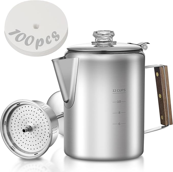 Coffee Percolator with 100pcs Coffee Filters - 12 Cups | Durable Stainless Steel Material Camping Coffee Pot| Brew Coffee On Fire, Grill or Stovetop | Ideal for Home, Camping