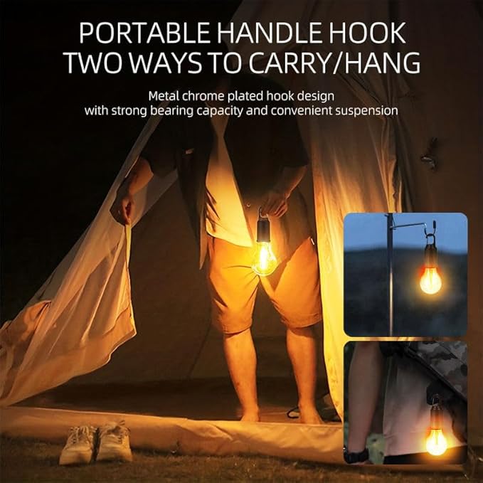 Camping Lights Rechargeable, Hanging Tent Lights Bulb with Hook, Timer Function, 3 Lighting Modes Tent Lamp for Camping, Hiking, Backpacking, Emergency Outage
