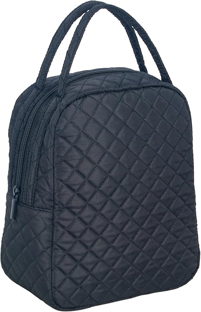 Machine Washable Women Quilted Fabric Insulated Reusable Cooler Lunch Bag Tote Adult Thermal Lunch Box Storage Bag for Ｗork (Black)