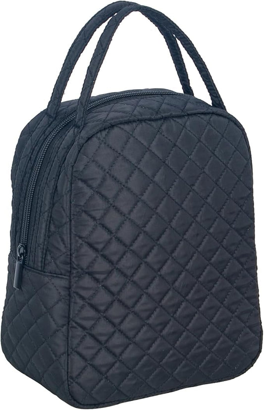 Machine Washable Women Quilted Fabric Insulated Reusable Cooler Lunch Bag Tote Adult Thermal Lunch Box Storage Bag for Ｗork (Black)