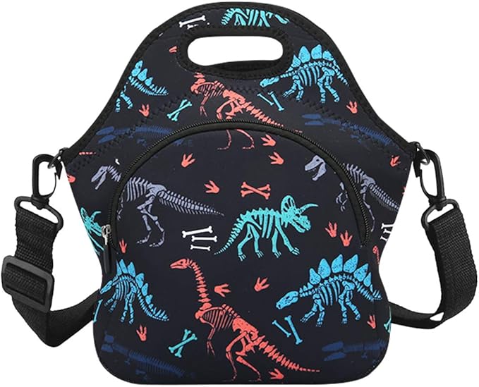 Violet Mist Neoprene Lunch Bag Reusable Insulated Cartoon Dinosaur Snack Bags, 12.6"L x 11.8"H x 6.3"W, BPA-Free, Machine Washable, Easy to Dry