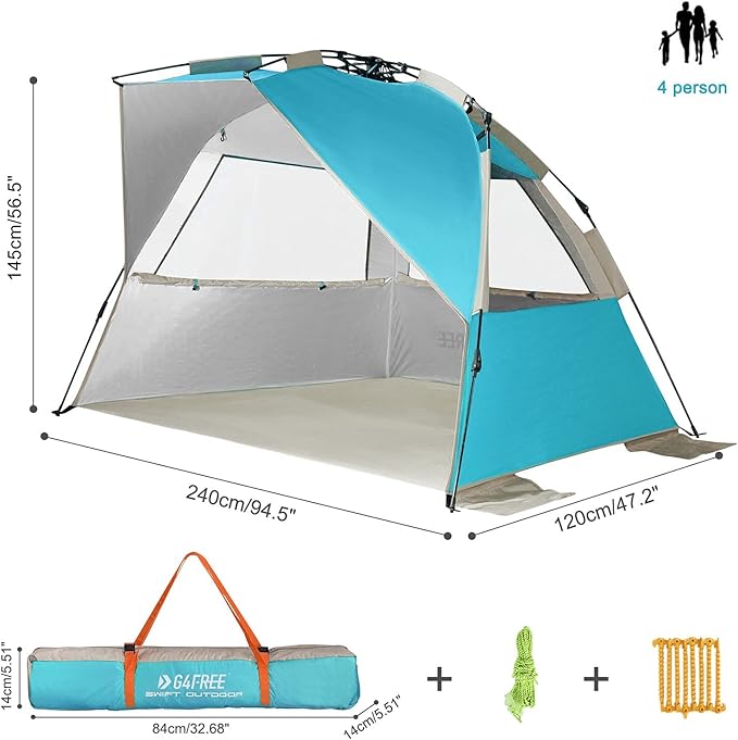 G4Free Easy Set up Beach Tent Deluxe XL, Pop up Sun Shelter for 3-4 Persons with UPF 50+ Protection Beach Shade with Extended Floor