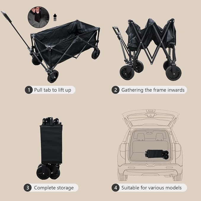 Folding Heavy Duty Camping Wagon Cart with All-Terrain Wheels & Adjustable Handle, Good for Outdoor Picnic, Garden Party, Shopping, BBQ, Black