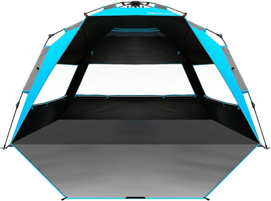 OutdoorMaster Beach Tent with Blackout Shelter Technology, Portable Beach Shade Sun Shelter Canopy for 4-6 Person with UPF 50+ UV Protection, Easy Setup Pop Up Tent Family Size