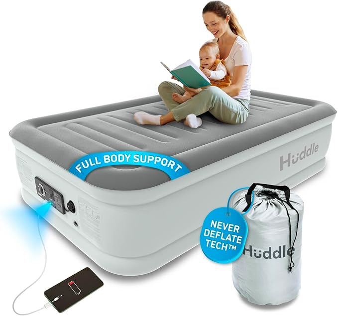 Huddle® Luxury Never Deflate Twin Air Bed with Patented Dual Pump SlumberGuard™ Premium Technology | Inflatable Mattress with Built-in Pump | Comfortable Inflatable Mattres