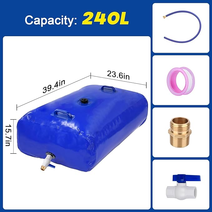 TooTaci 240L/63.4Gal Water Storage Bladder Containers, Portable Water Tank with Hose and 3/4" Adapters, Foldable Reservoir for Emergency, Garden Watering, Drought Resistance, RV Trips