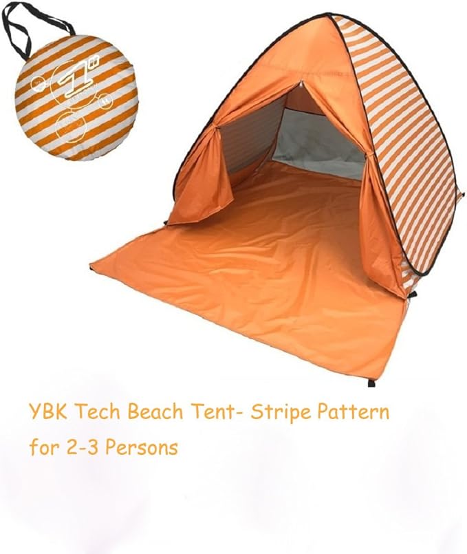 YBK Tech New Stripe Style Automatic Pop Up Beach Tent UV Protection Instant Portable Quick Cabana Sun Shelter for 2-3 Persons (Orange)