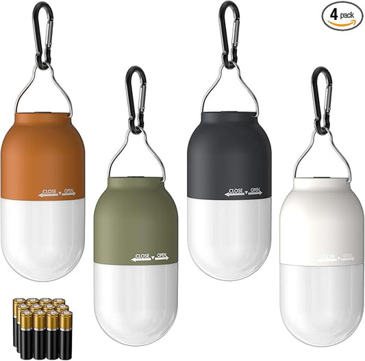 RECHOO Camping Essentials, 4 Pack Camping Lantern for Power Outages, Portable Camping Tent Lights with Clip Hook for Outdoor, Survival Gear for Hurricane, Emergency Supplies (Battery Included)