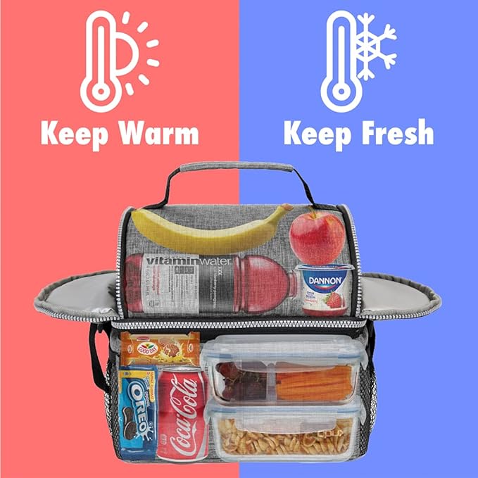 opux Lunch Box for Men, Adult Lunch Box Cooler, Insulated Lunch Bag Women, Dual Compartment Lunchbox for Work, Leakproof Double Decker Lunch Bag, Soft Lunch Pail Tote Boys Girls Kids School, Gray