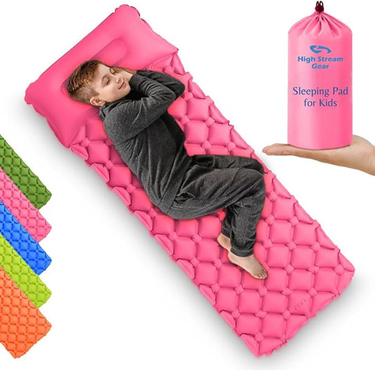 Kids Sleeping Pad for Camping and Sleepovers with Pillow, Inflatable Camping Mattress for Backpacking & Travel, Thick Toddler Cot Mat, Fast Inflating Camping Sleeping Pads for Kids