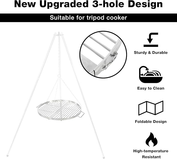 REDCAMP Foldable Fire Pit Cooking Grill Grate 30 Inch, Campfire BBQ Grill with Portable Handle & Support Wire, Heavy Duty Stainless Steel Round Campfire BBQ Grill for Outdoor Picnic Party & Gathering