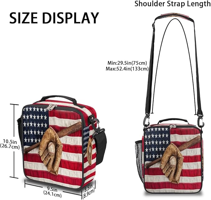 Baseball Usa Flag Insulated Lunch Bag for Girls Boys Teen Reusable Lunch Box with Shoulder Strap Freezable Thermal Cooler Bag Meal Prep Boxs for School Travel Picnic Beach Lunch Pail