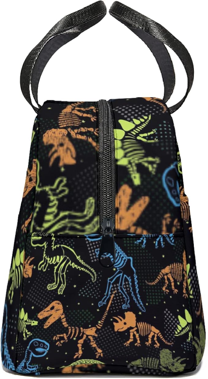 Giwawa Dinosaur Lunch Box for Kids, Colorful Dino Fossil Animal Print Reusable Lunch Bag Thermal Lunch Cooler Tote Bags for Boys Girls Men Women Travel Picnic, Front Pocket & Zipper Closure