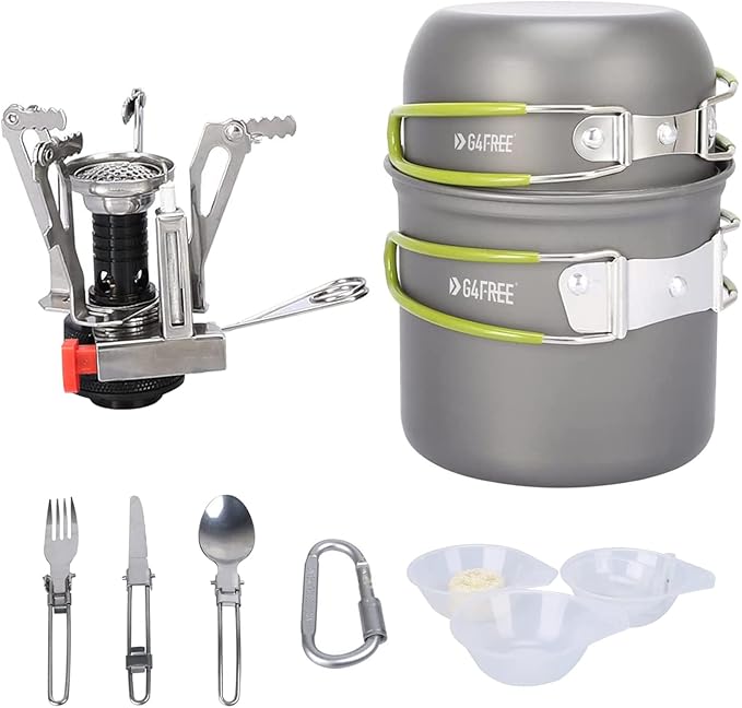 G4Free 2/4/13 PCS Camping Cookware Mess Kit Hiking Backpacking Picnic Cooking Bowl Non Stick Pot Knife Spoon Set