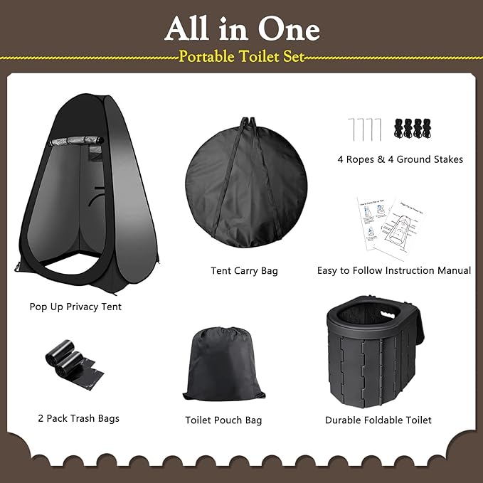 Portable Outdoor Camping Toilet Kit for Adults,Pop Up Privacy Tent, Camping Folding Toilet, 30 Toilet Bags, Washable Foldable for Travel, RV, Car, Beach, Hiking