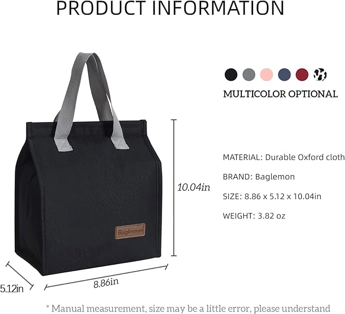 Lunch bag, Insulated Lunch Bag for Women Men, Lunch Containers Reusable Lunch Tote Bags for Work, Travel, Outdoor (Black)