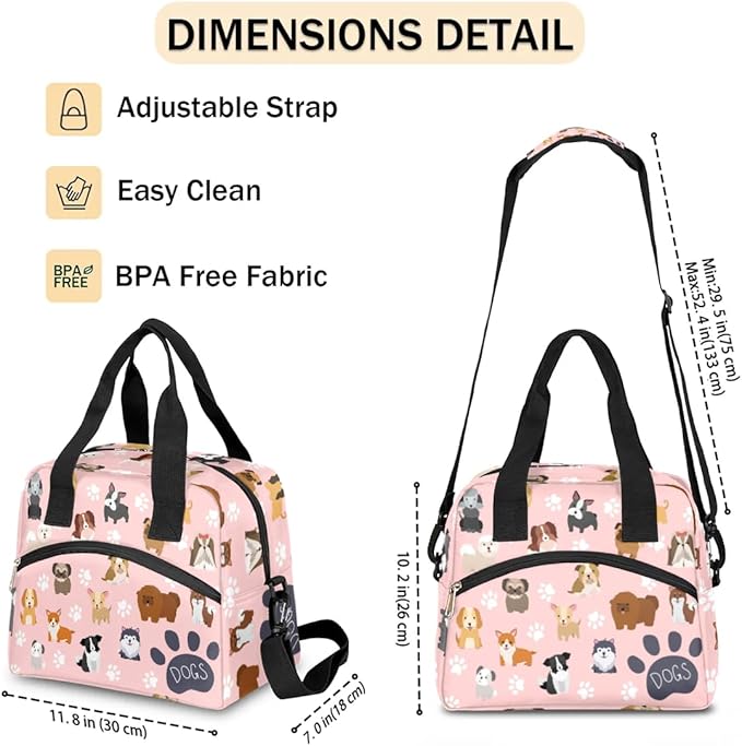 Dog Lunch Bag Dog Paws Pink Lunch Box for Women Girls, Reusable Insulated Leakproof Meal Prep Organizer Tote Thermal Cooler Bag with Shoulder Strap for Kids Adult School Work Office Picnic