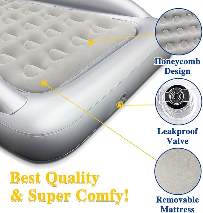 Inflatable Kids Travel Bed Toddler Air Mattress Set,Portable Blow Up Mattress Sleeping Bed Cot with Bed Rails and Electric Pump Ideal for Road Trip