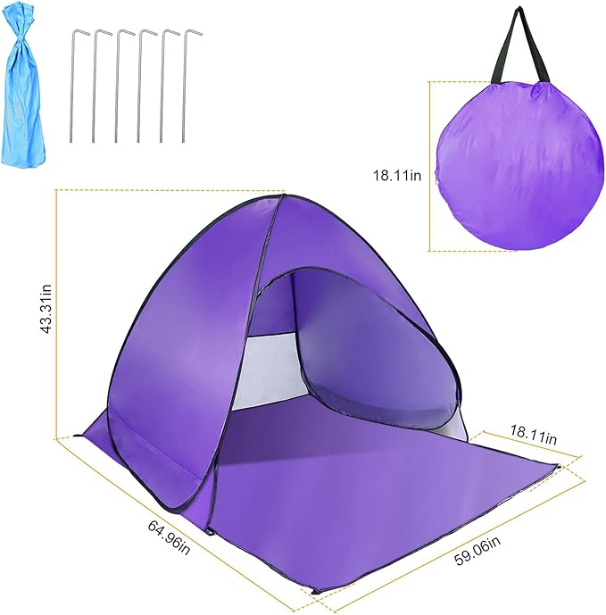 Pop Up Beach Tent for 2-3 Person, UPF50+ Anti-UV Sun Shelter w/Storage Bag, Portable Waterproof Instant Sun Shade Canopy for Outdoor Beach Camping Hiking Travel Family, Purple
