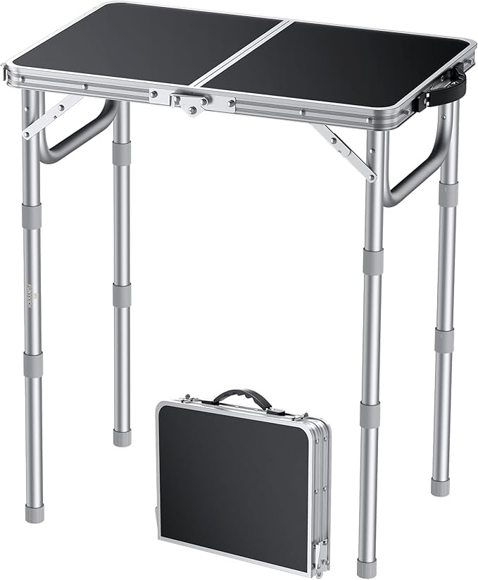 FUNYKICH 2ft Small Folding Camping Table, 3 Height Adjustable Portable Picnic Table, Lightweight Aluminum Outdoor Tables with Carry Handle for Camping, Picnic, BBQ, 58x40cm(L22.8 xW15.7), Silver