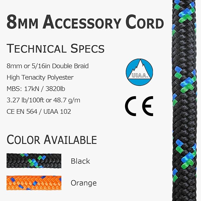 GM CLIMBING 8mm (5/16in) Accessory Cord Rope Double Braid Pre Cut CE/UIAA