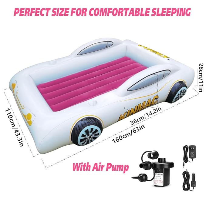 KINMAC Inflatable Toddler Travel Bed- Portable Travel Toddler Air Bed for Kids Camping Air Mattress Racecar Toddler Bed with Sides Blow Up Mattress Sleeping Pad for Camping Car Travel(Rose Red)