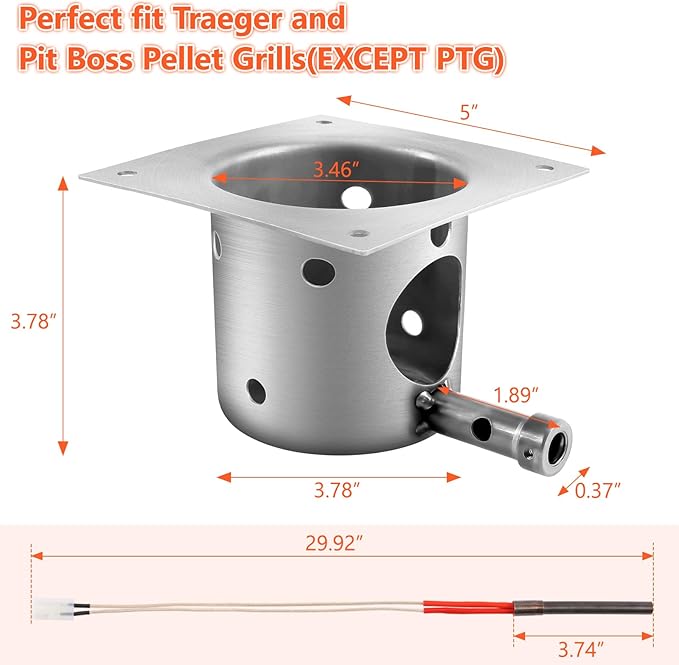 QuliMetal Fire Burn Pot and Hot Rod Ignitor Kit Replacement Parts for Traeger and Pit Boss Pellet Grills - Heavy Duty Fire Pot and Hot Rod/Grill Igniter with Ash Remover, Screws and Fuse