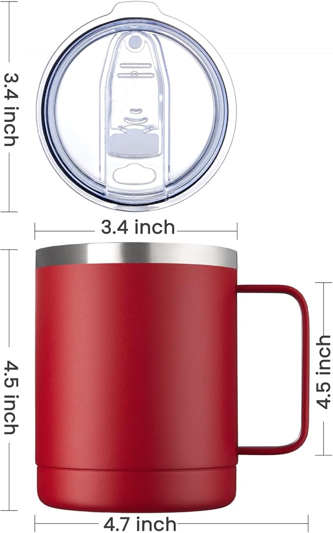 MEWAY 12oz Coffee Mug With Handle 8 Pack Bulk,Stainless Steel Insulated Travel Tumblers With Sliding Lid,Double Wall Vacuum Camping Cup for Hot & Cold Drinks Tea (Red,Set of 8)