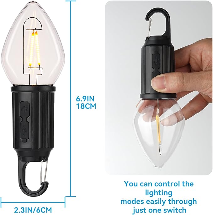Rechargeable LED Battery Operated Lights, 3 Modes Press Switch Hanging Lamp, Tubular Gaze Lights, Portable Outdoor Lantern for Patio Waterproof, 1 Pack
