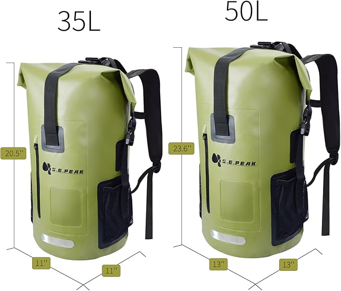 SEPEAK Waterproof Dry Bag Backpack IPX6, Roll-Top Closure Bag 55L Boating & Kayak Accessories - Essentials for Camping Swimming Beach Fishing Rafting Travel,Green