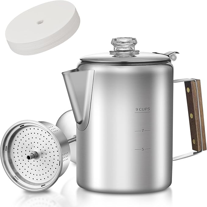 Coffee Percolator with 100pcs Coffee Filters - 9 Cups | Durable Stainless Steel Material Camping Coffee Pot| Brew Coffee On Fire, Grill or Stovetop | Ideal for Home, Camping