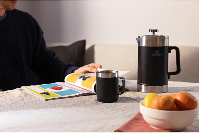 Stanley Classic Stay-Hot French Press Coffee Maker 48 oz | 5 Minute Brew, 4 Hours Hot | Mesh Filter for Coffee Grounds | Insulated Stainless Steel French Press | BPA-Free | Black 2.0