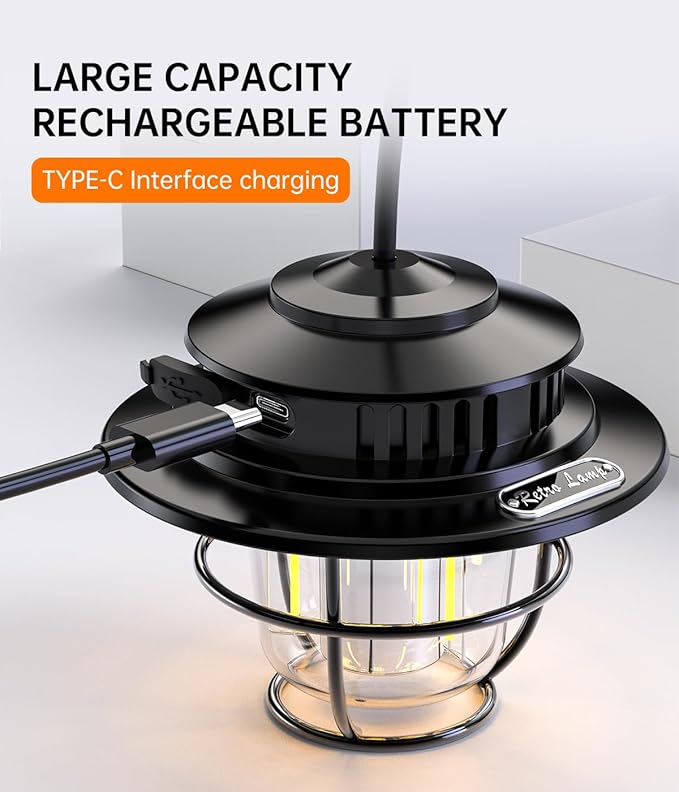 Vintage LED Camping Lantern - Rechargeable 4400mAh, 50-500 Lumens, 4 Lighting Modes, Portable COB Edison-Style Lamp with USB Output, IPX4 Waterproof for Outdoor Camping