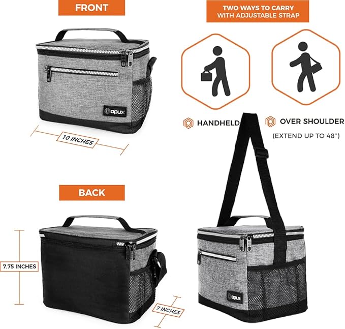 opux Insulated Lunch Box Men Women, Lunch Bag for Work School, Leakproof Soft Cooler Tote Adult, Large Lunch Pail Kids Boys Girls, Picnic Beach Food Bag with Shoulder Strap, Heather Grey