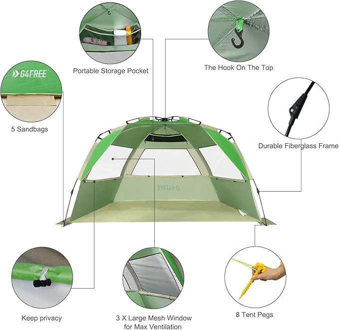 G4Free Easy Set up Beach Tent Deluxe XL, Pop up Sun Shelter for 3-4 Persons with UPF 50+ Protection Beach Shade with Extended Floor