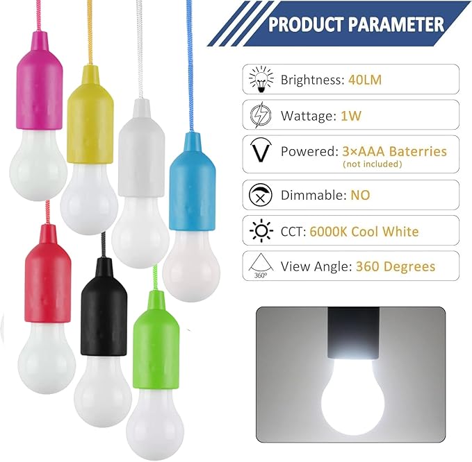 LED Pull Cord Light Bulb 4 Pack, LED Camping Lantern Lights Hanging Tent Lamp Light Bulbs for Camping, Hiking, Home Decor, Hurricane Emergency, Storms, Outages and More (4pcs Colored)