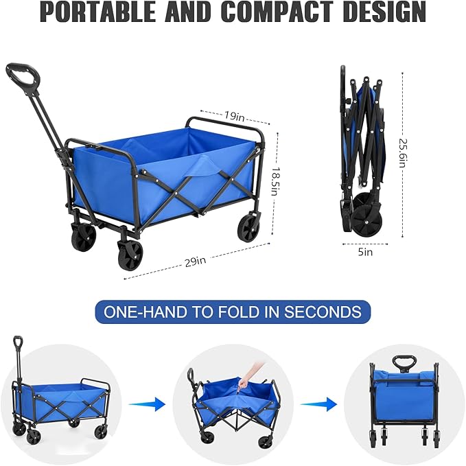 Collapsible Foldable Wagon,Wagons Carts Foldable with Wheels,Utility Grocery Folding Beach Wagon for Sand Garden Sports Shopping Outdoor(Lake Blue).