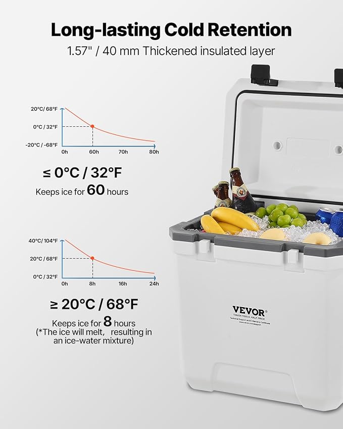 VEVOR Portable Cooler,Hard Cooler with Ice Retention, Heavy-Duty Handles and Strap, Lightweight Rigid Material Insulated Portable Cooler, Suitable for Family Picnics and Short Trips