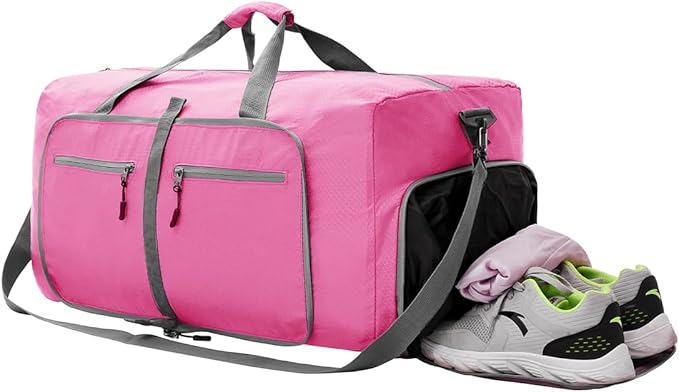 Dimayar Travel Duffle Bag for Men Women - Foldable Duffel Bag with Shoes Compartment - Overnight Bags Waterproof & Tear Resistant(40L,Pink)