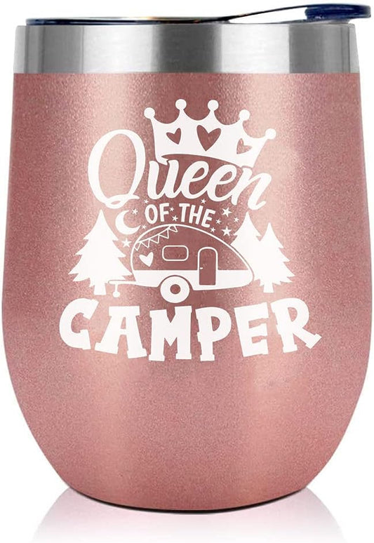 Queen of The Camper Wine Tumbler, Camping Coffee Mug Cup, Women Campers Stemless Tumblers with Lid Stainless Steel Insulated Vacuum 12 Oz, RV Gifts for Camping Lovers Outdoors Hiking