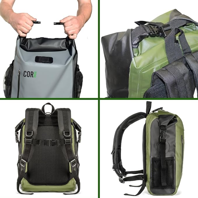 Waterproof Backpack with Laptop Sleeve | Heavy Duty Hiking, Kayak Dry Bag Backpack | Roll-Top Closure (25L, Green)