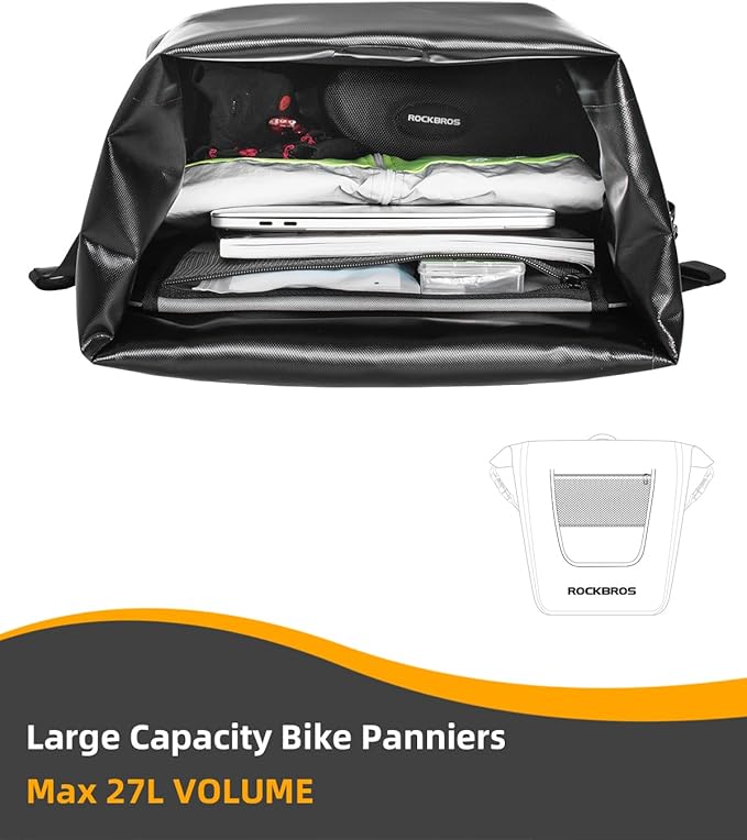 ROCKBROS Bike Pannier Waterproof 27L Large Capacity Bike Bag Rear Rack Bicycle Pannier Bag Waterproof for Grocery Touring Cycling Upgrade Black * 2