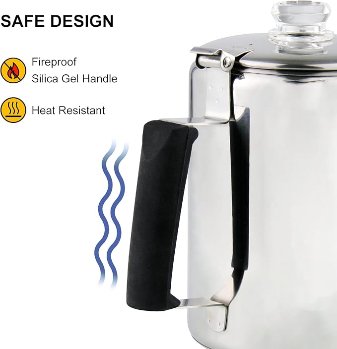 Multi Use 6 Cup Coffee Pot Bundle Coffee Percolator with 2 Mugs Stainless Steel Coffee Maker with Two Heat Resistant Tough Borosilicate Glass Knob Fireproof Silica Handle Using on any Stovetop