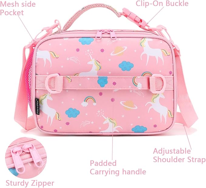 FlowFly Kids Lunch Bag, Durable Insulated School Lunch Box with Shoulder Strap and Bottle Holder, Water-resistant Thermal Small Lunch Cooler Tote for Teen Boys & Girls,Pink#Unicorn
