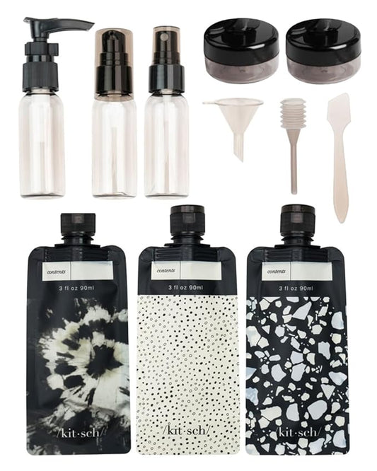 Kitsch 11 PCS Travel Bottles for Toiletries – Travel Essentials Kit for Shampoo, Conditioner, Lotion & More - TSA Approved Travel Bottles, Leak-Proof Refillable Travel Size Containers - Black & Ivory