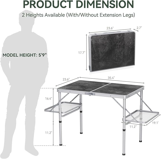 Titanker Folding Camping Table 3ft, Folding Picnic Table, Camp Tables Portable Foldable, 50% Extra Side Space, Outdoor Patio Table, Camping Essentials, Aluminum Light & Solid, Silver