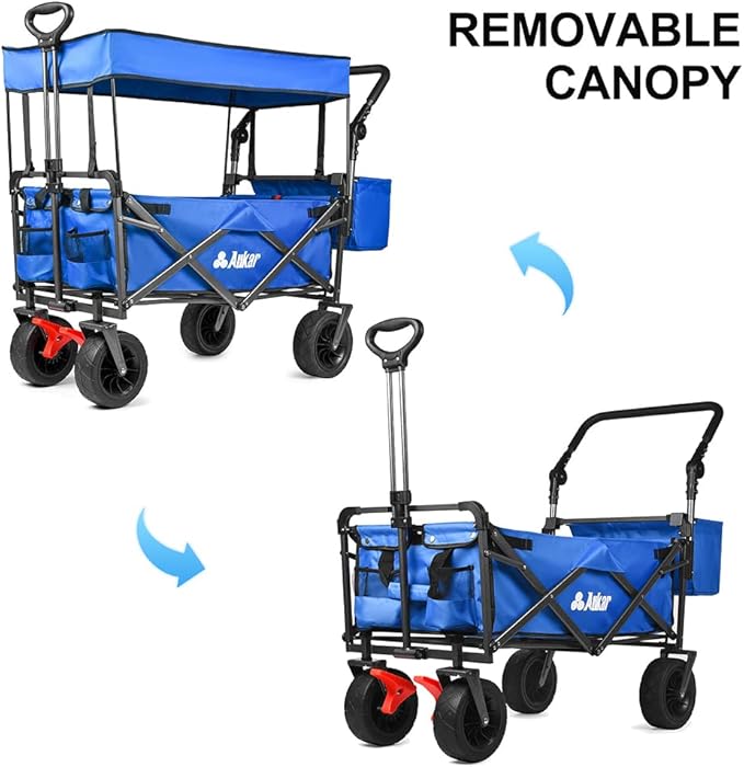 Collapsible Canopy Wagon - Heavy Duty Utility Outdoor Garden Cart - with Adjustable Handles, for Shopping, Picnic, Camping, Sports - Blue