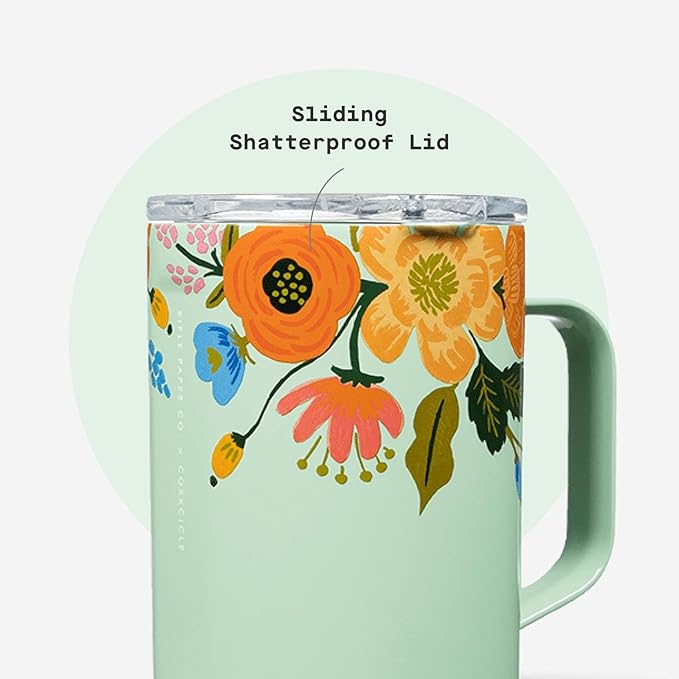 Corkcicle x Rifle Paper Co. Triple Insulated Coffee Mug with Lid & Handle - Keeps Beverages Hot for 3+ Hours - Gift for Mom - Great for Mother's Day or Christmas - 16 oz - Mint Lively Floral